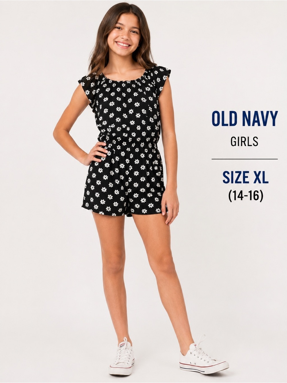 Old Navy Girls Black & White Daisy casual summer Floral Romper Size XL (14- 16)